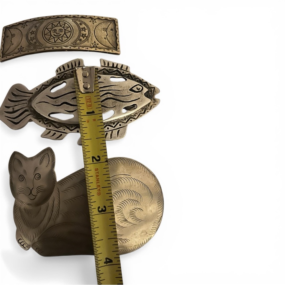 Vintage Hair Clips Lot Of 3 Barrette Etched Metal Cat FIsh Celestial folk art - Picture 9 of 13